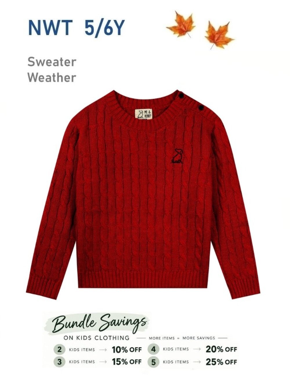 Me & Henry Red Cable Knit Crewneck Pullover Sweater size 5/6Y Cozy Fall Winter